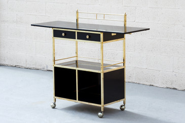 SOLD - Vintage Black Lacquer and Brass Bar Cart