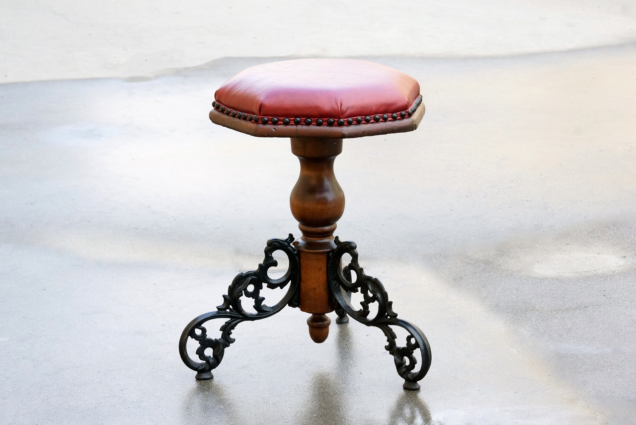 SOLD - Antique Victorian Piano Stool, Cast Iron and Oak - Rehab Vintage