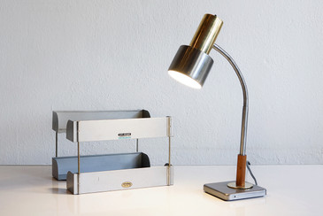 SOLD - 1970s Gooseneck Table Lamp, Brass, Aluminum and Wood