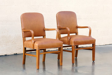 SOLD - Pair of Gunlocke Leather and Oak Armchairs, 1948