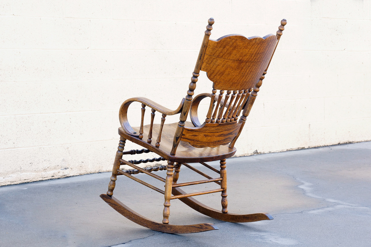 SOLD Vintage Oak Rocking Chair with Pressed Back Design Rehab
