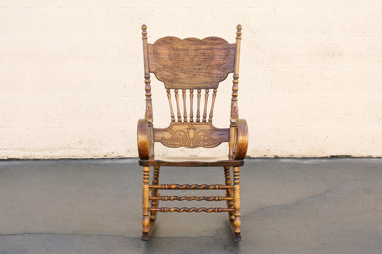 SOLD - Vintage Oak Rocking Chair with Pressed Back Design - Rehab