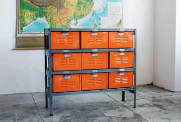 3 x 3 Vintage Locker Basket Unit with Tangerine Finish Drawers