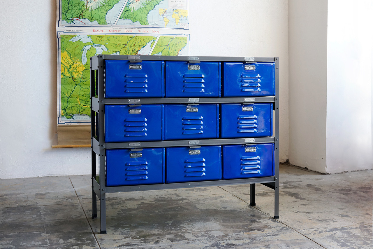 3 x 3 Vintage Locker Basket Unit with Royal Blue Drawers - Rehab