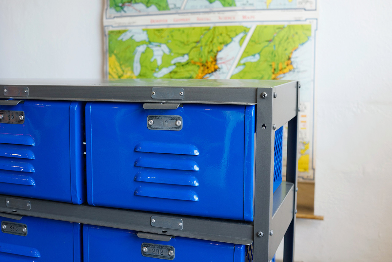 3 x 3 Vintage Locker Basket Unit with Royal Blue Drawers - Rehab