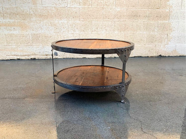 SOLD - Steampunk Steel and Wood Round Side Table