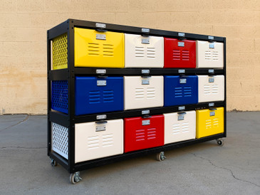 Custom 4 X 3 Locker Basket Unit on Casters with Multicolored Drawers