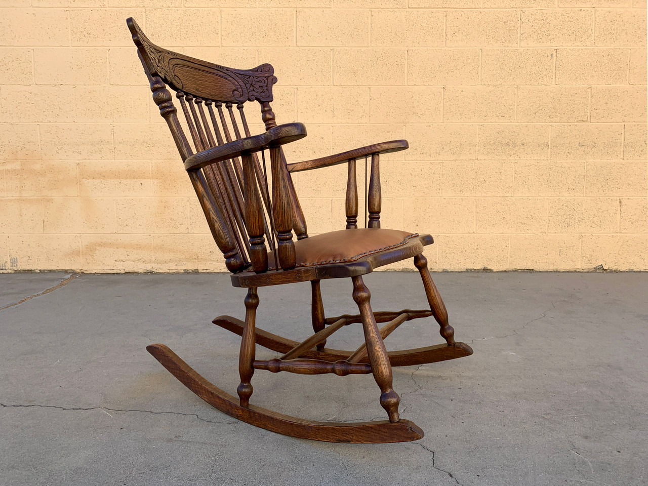 sold  early 1900s press back rocking chair with new leather seat free  us shipping