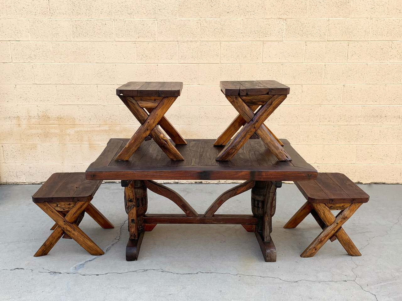SOLD Indonesian Teak Dining Table Set with 4 Bench Seats Rehab