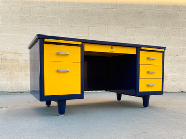 McDowell Craig Mid Century Tanker Desk Custom Refinished in Blue and Yellow