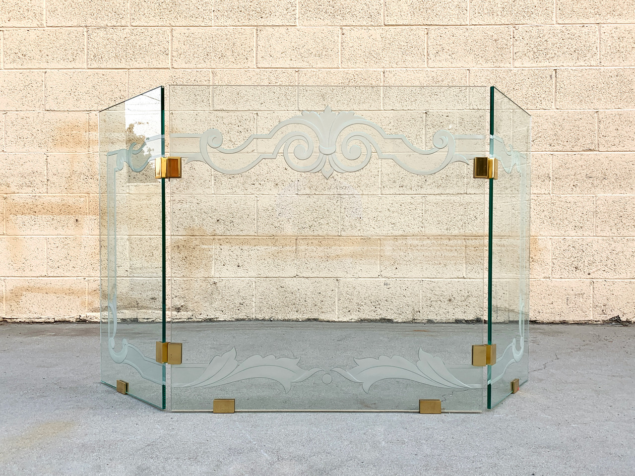 Glass Fireplace Screen with Brass Hinges by Danny Alessandro, Custom Etching Rehab Vintage