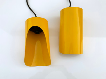 SOLD - Pair of Groovy 1970s Pendant Lights, Refinished in Yellow Ochre