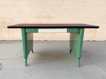 SOLD- 1960s AllSteel Panel Leg Tanker Table, Refinished in Arsenic Green