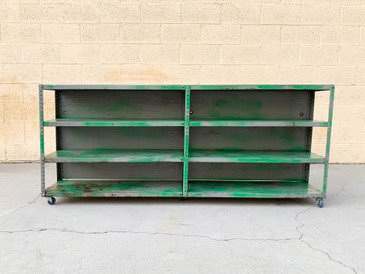 SOLD - Antique Industrial Storage Rack With Green Patina on Casters, Free U.S. Shipping