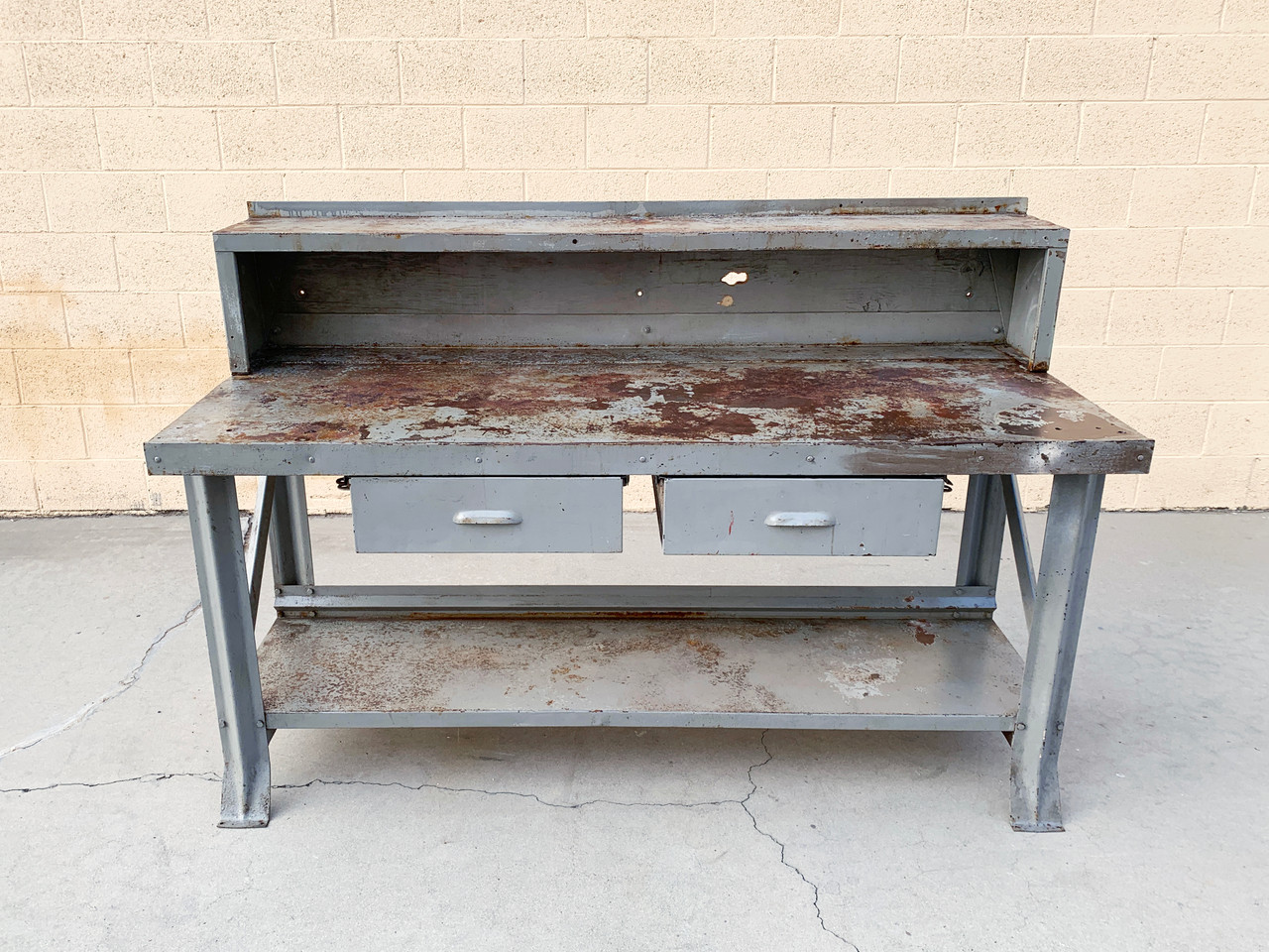 SOLD - Antique Machine Age Industrial Workbench With Two