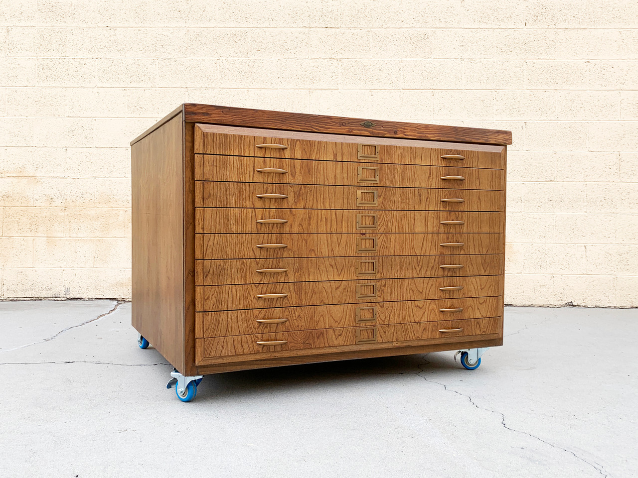 SOLD Large Vintage Wood Flat File with Casters, Refinished in Early