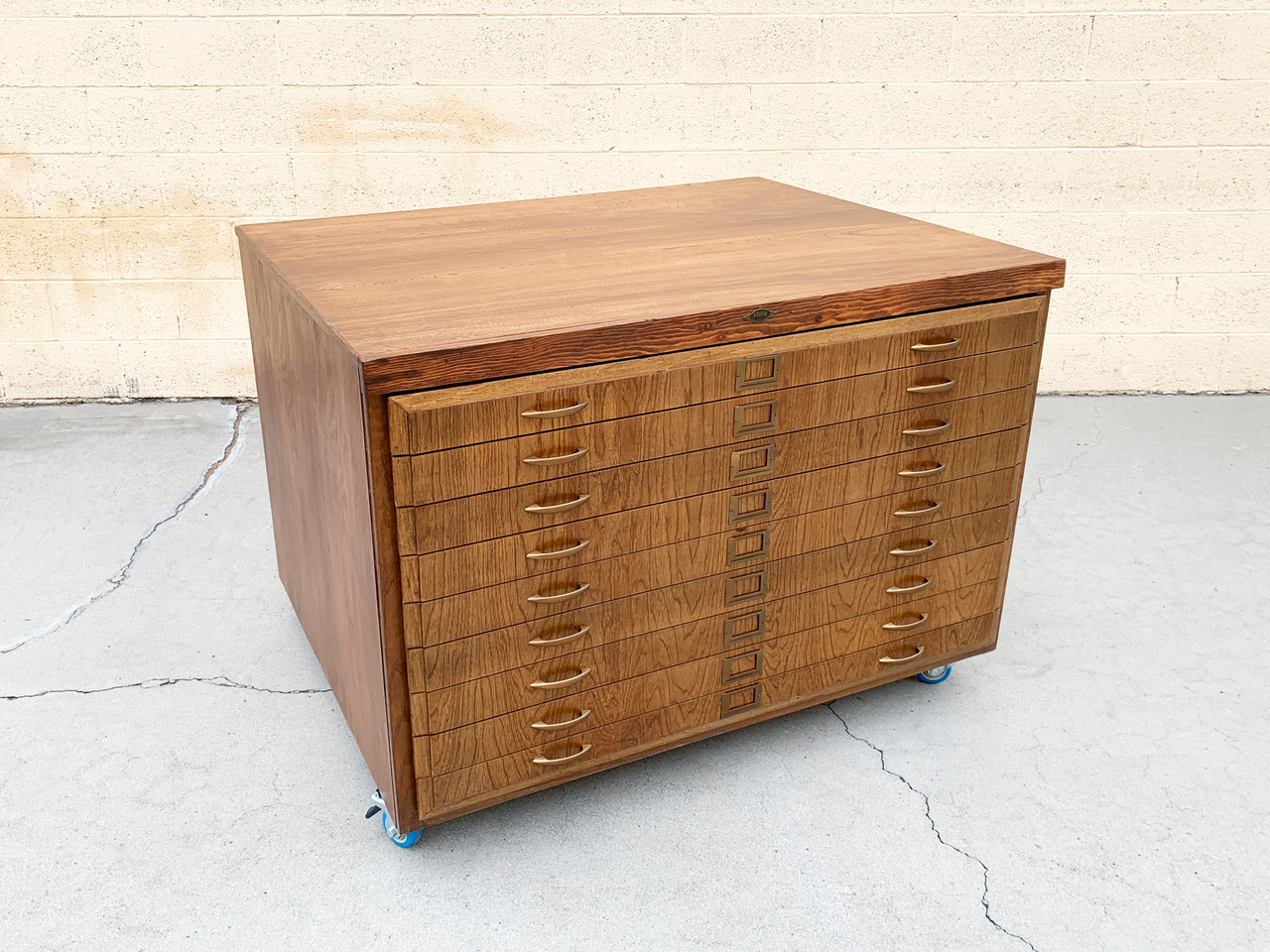 SOLD Large Vintage Wood Flat File with Casters, Refinished in Early