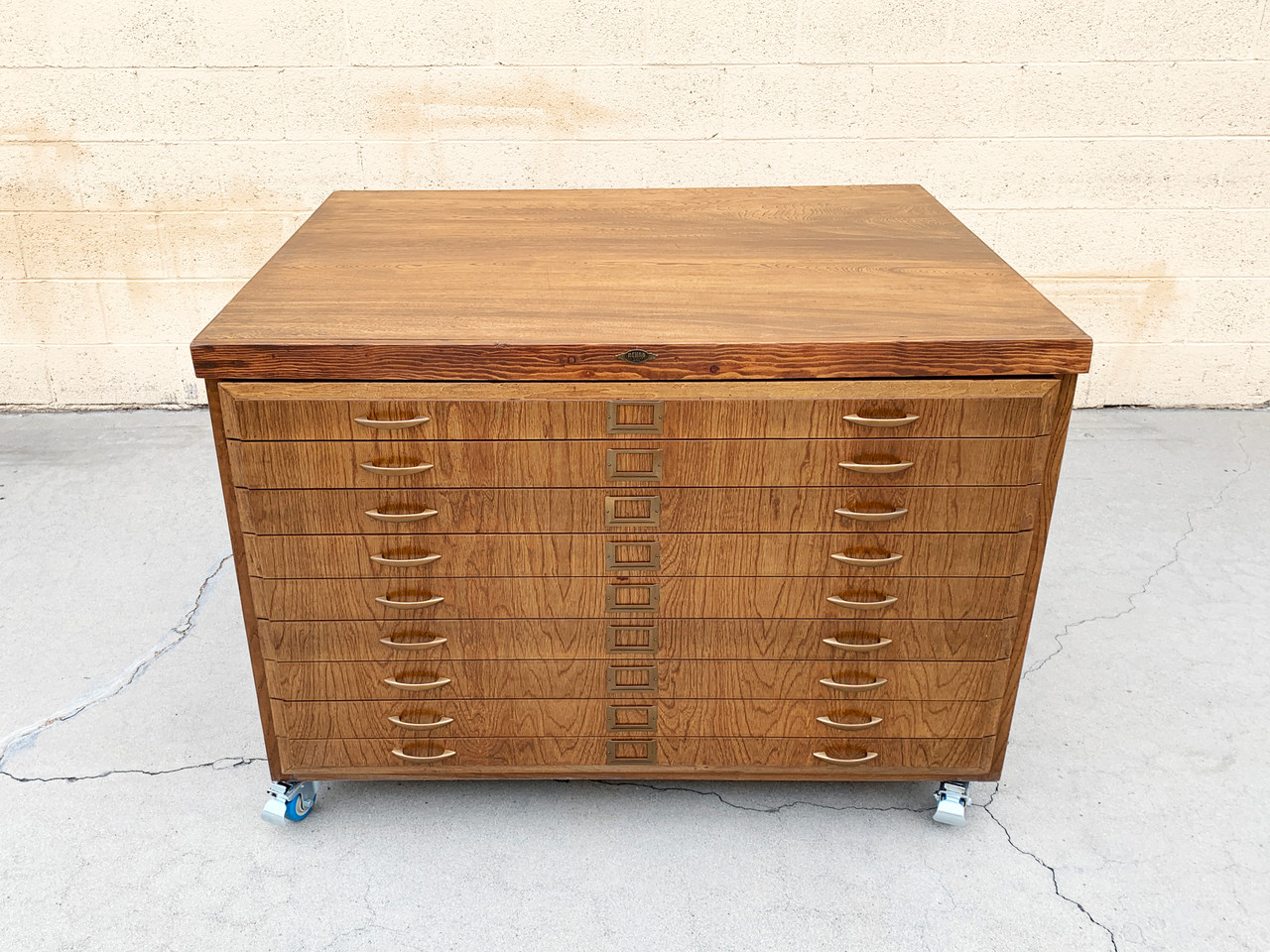 SOLD Large Vintage Wood Flat File with Casters, Refinished in Early