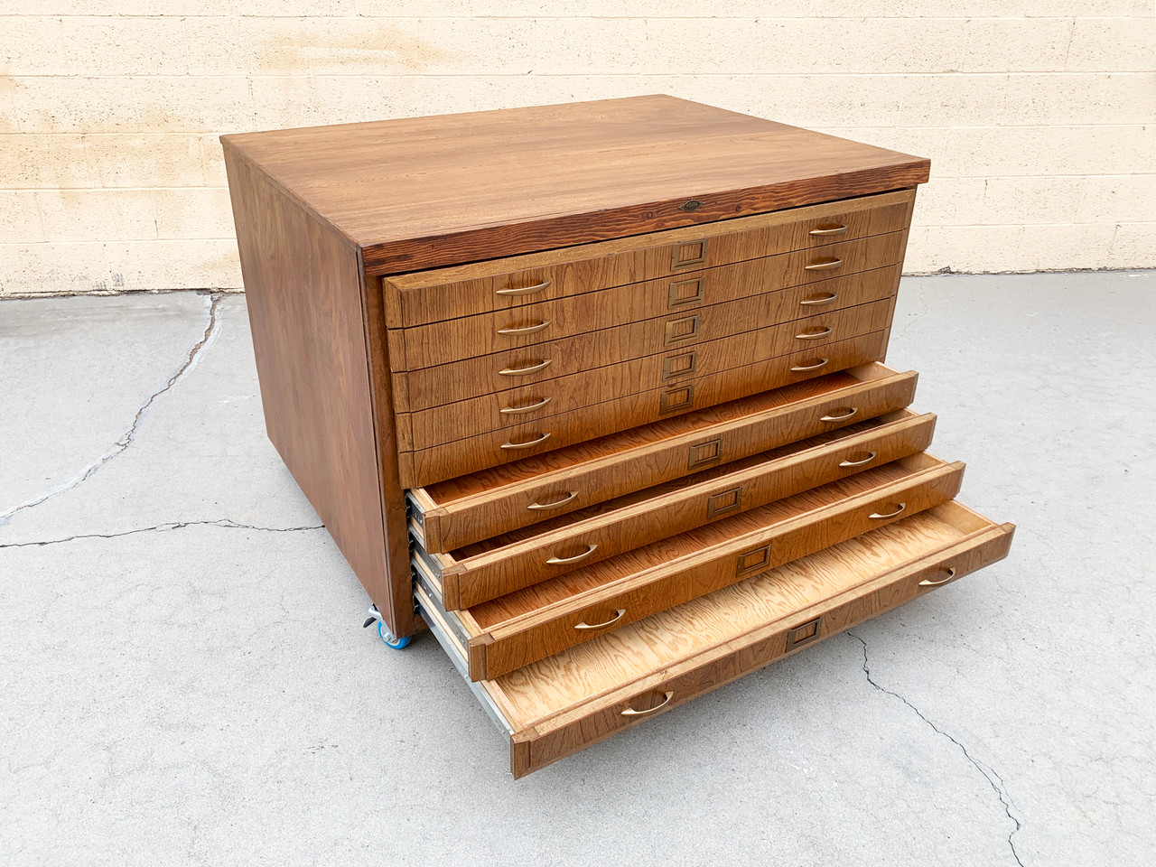 SOLD Large Vintage Wood Flat File with Casters, Refinished in Early American Stain Rehab