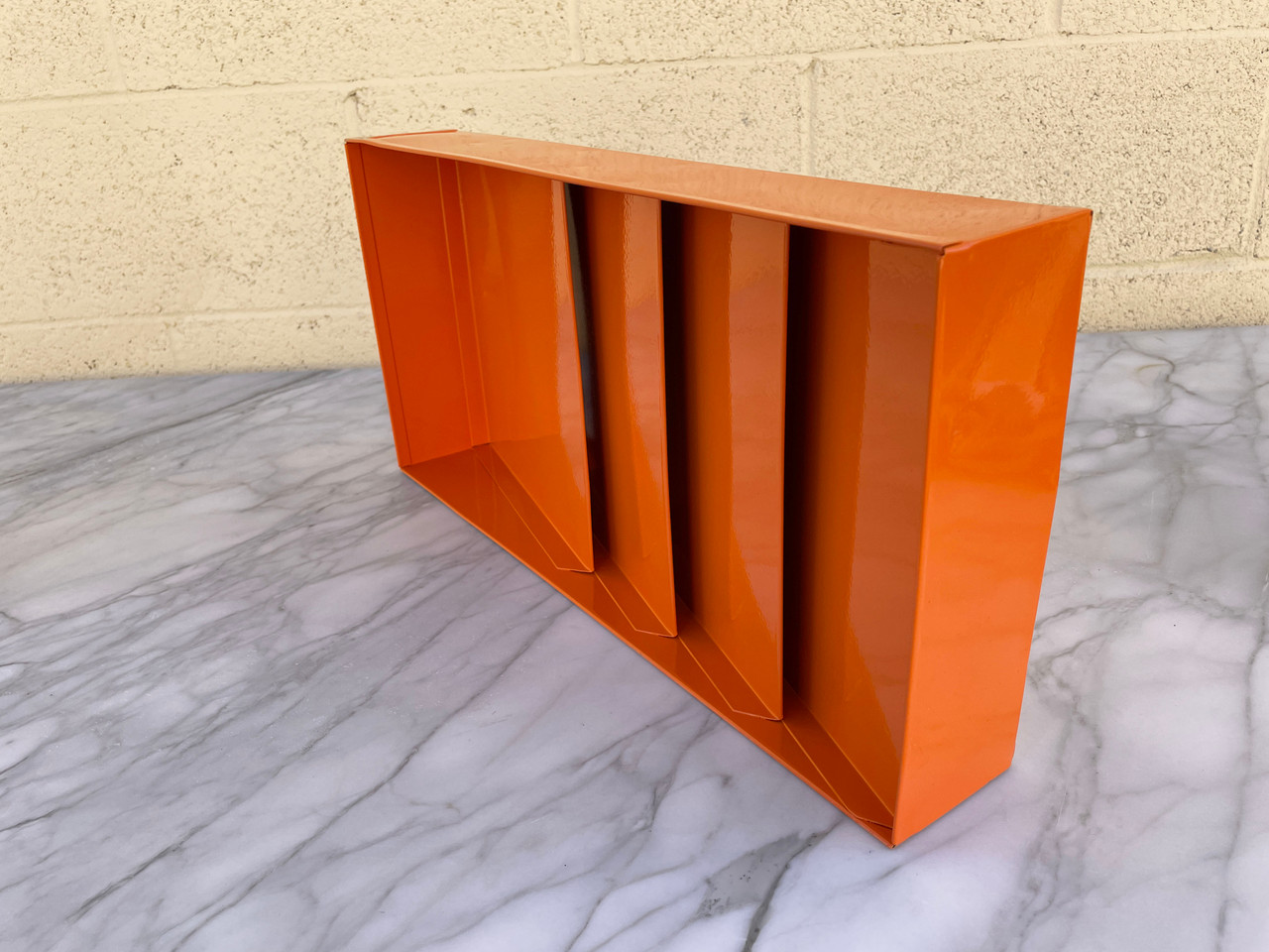 SOLD VINTAGE VERTICAL 3 SLOT PAPER HOLDER/ MAGAZINE RACK REFINISHED IN Deep Orange, FREE U.S