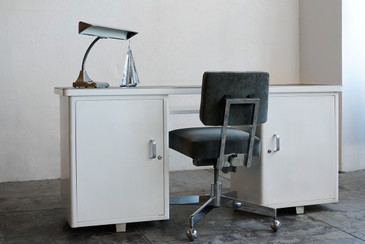 SOLD - 1960s Tanker Console Knee Space Credenza, Refinished