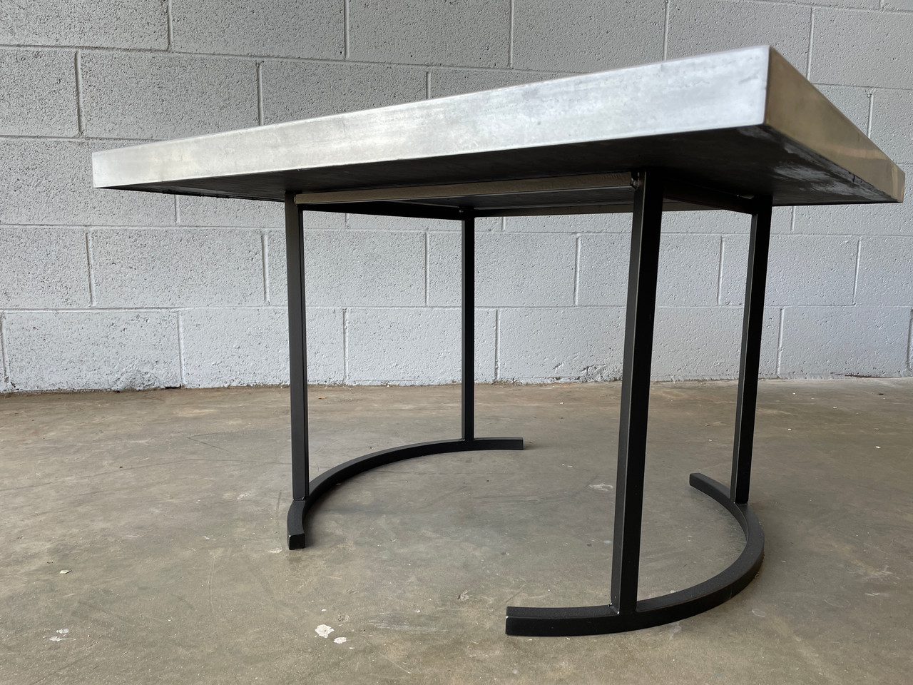 Custom Zinc Top Table, Half Moon Base Rehab Vintage Interiors