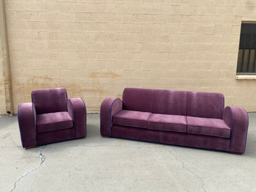 SOLD - 1930s Art Deco Sofa and Club Chair in Purple Velvet 