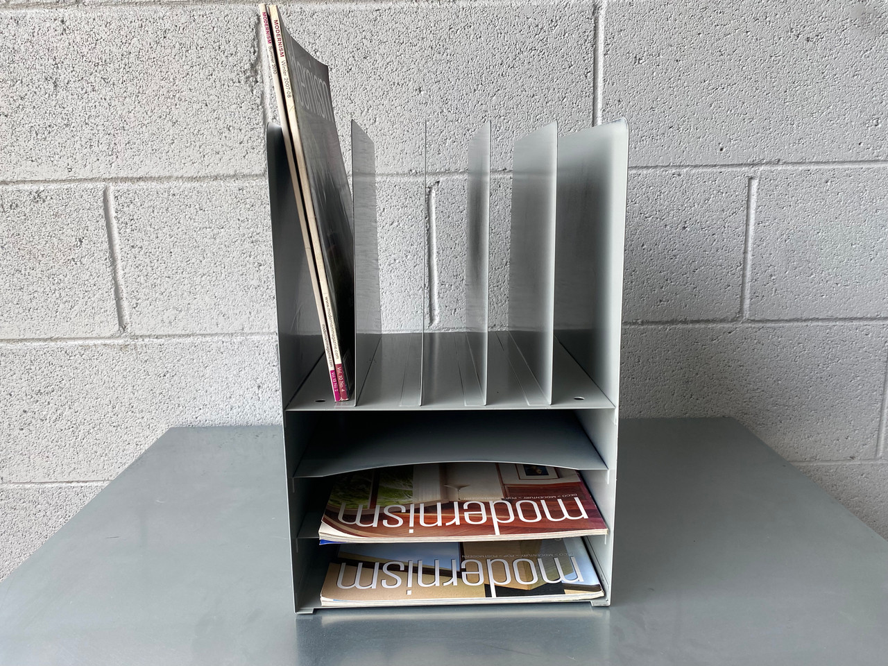 Mid Century 5 Slot Desktop Paper Organizer With 3 Tier Tray, Refinished