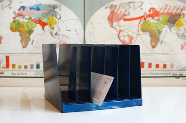 SOLD - Mid Century Desktop File Holder, Refinished in Navy