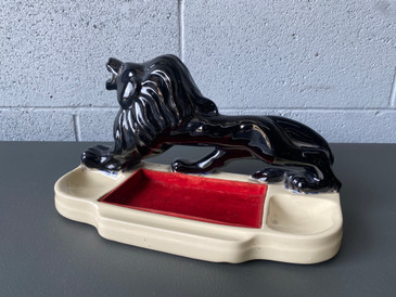 SOLD - 1940s McCoy Velvet and Ceramic Lion Jewelry Tray / Catch all / Dresser Caddy