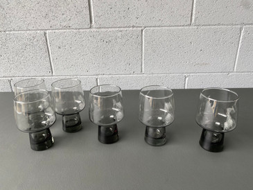 SOLD - 1970s Vintage Mid Century Libbey Smoked Black Glasses, Set of 6 with tray
