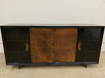 SOLD - Mid-Century Hammered Copper and Mahogany Bar / Console Table 