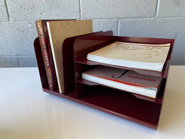 SOLD - Mid Century 3 Slot Desktop Paper Organizer With 3 Tier Tray, Refinished in Wine
