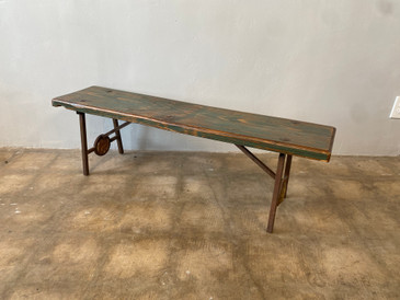 SOLD - Vintage Wood and Metal Bench with Unique Ceramic Face Detail 