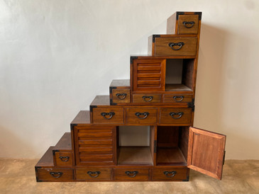 SOLD - Tansu Double Sided Korean Elmwood Staircase Cabinet, Pair