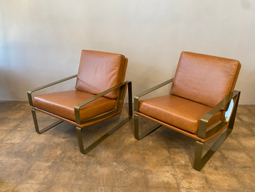 Vintage Italian Brass and Leather Armchairs, Pair