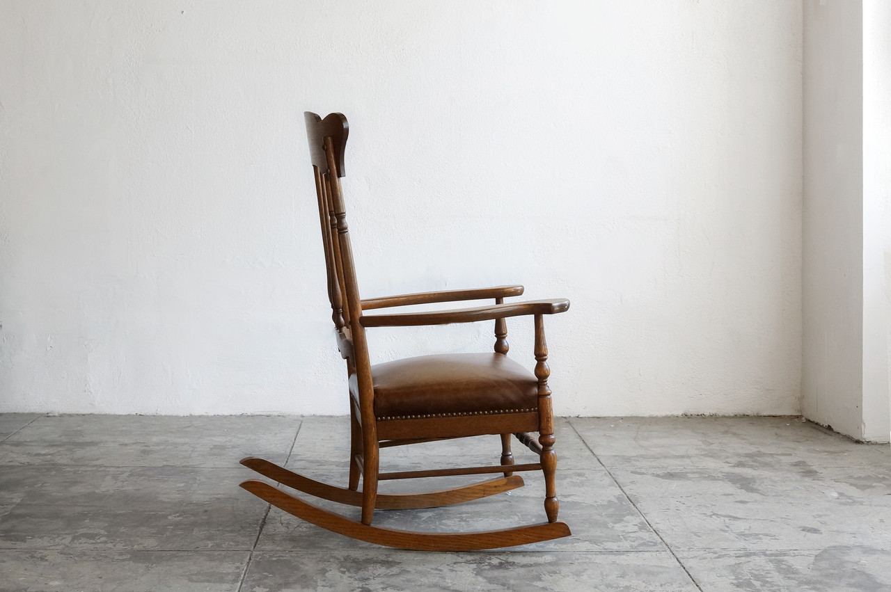SOLD - Antique Oak Rocking Chair, Hand-Carved, Tufted Leather