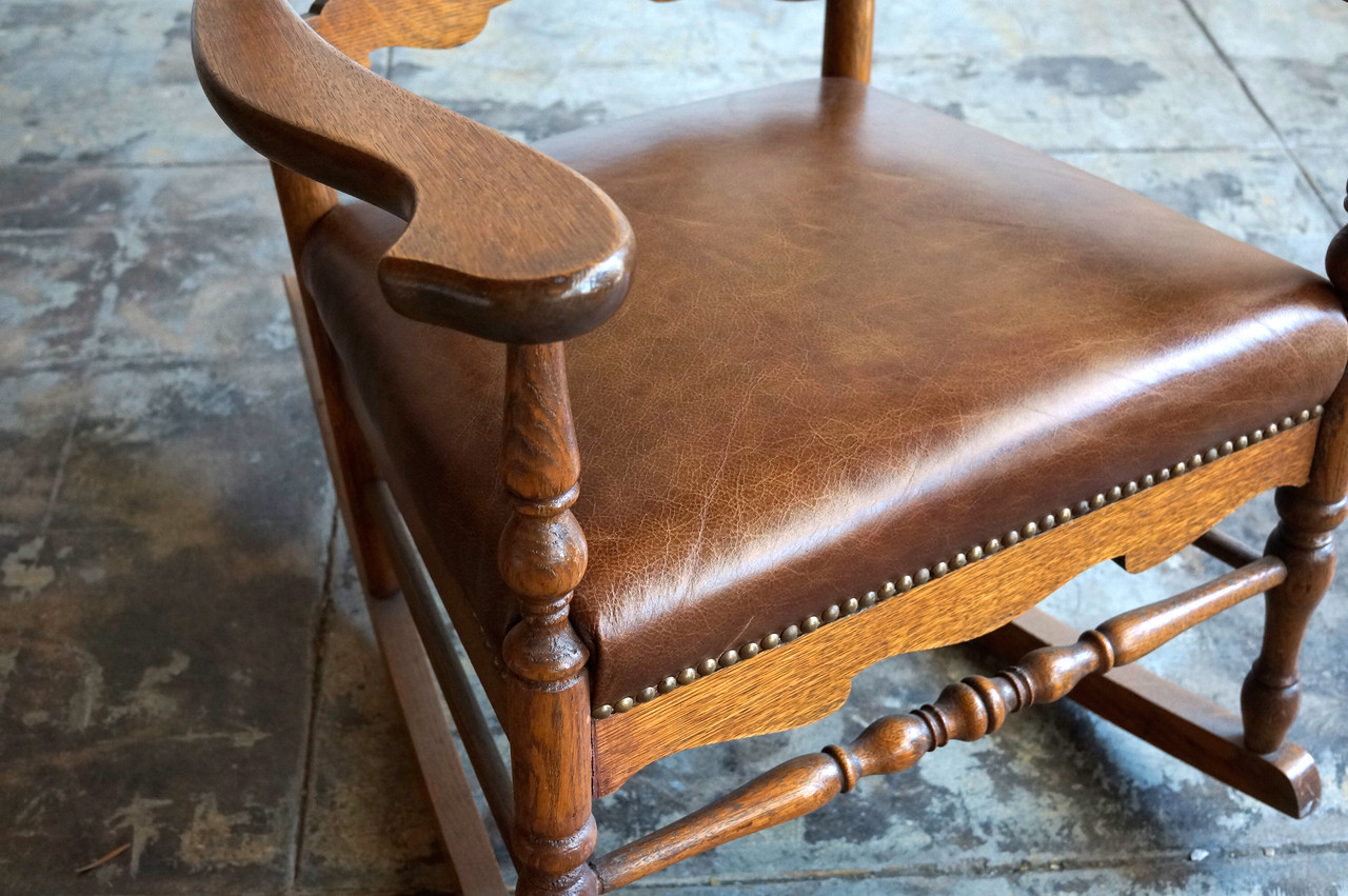 SOLD - Antique Oak Rocking Chair, Hand-Carved, Tufted Leather