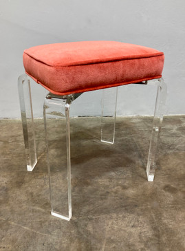 SOLD - Lucite Vanity Stool w/ New Salmon Velvet Cushion