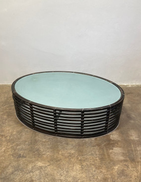 Dark Bamboo and Glass Oval Coffee Table