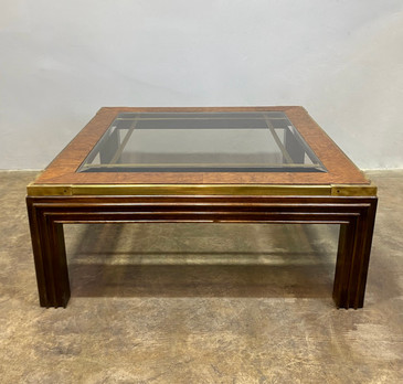 Hollywood Regency Brass and Burlwood Square Coffee Table