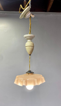 French 1930's Glass and Ceramic Adjustable Pulley Ceiling Lamp