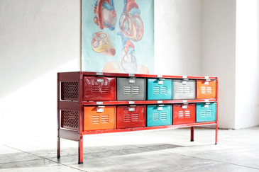5 x 2 Vintage Locker Basket Unit, Red Frame