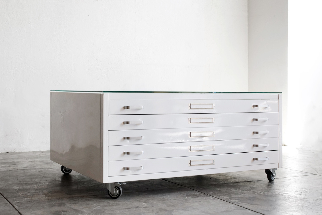 Flat File Coffee Table Custom Refinished in Gloss White and Glass