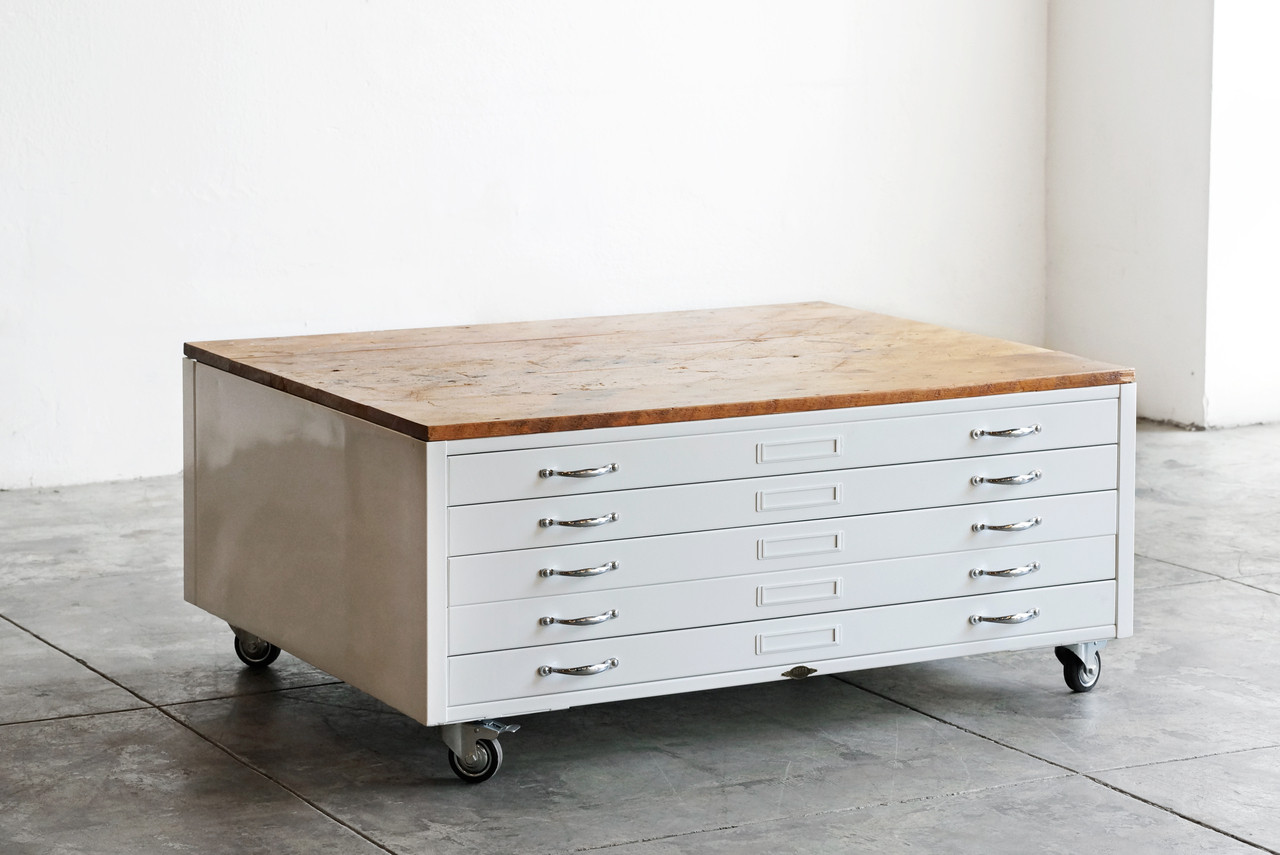 Flat File Coffee Table In Gloss White With Reclaimed Wood - CUSTOM Image 1 - Flat File Coffee Table In Gloss White With Reclaimed Wood - CUSTOM