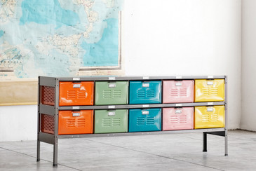 5 x 2 Vintage Locker Basket Unit, Multi-Colored Drawers