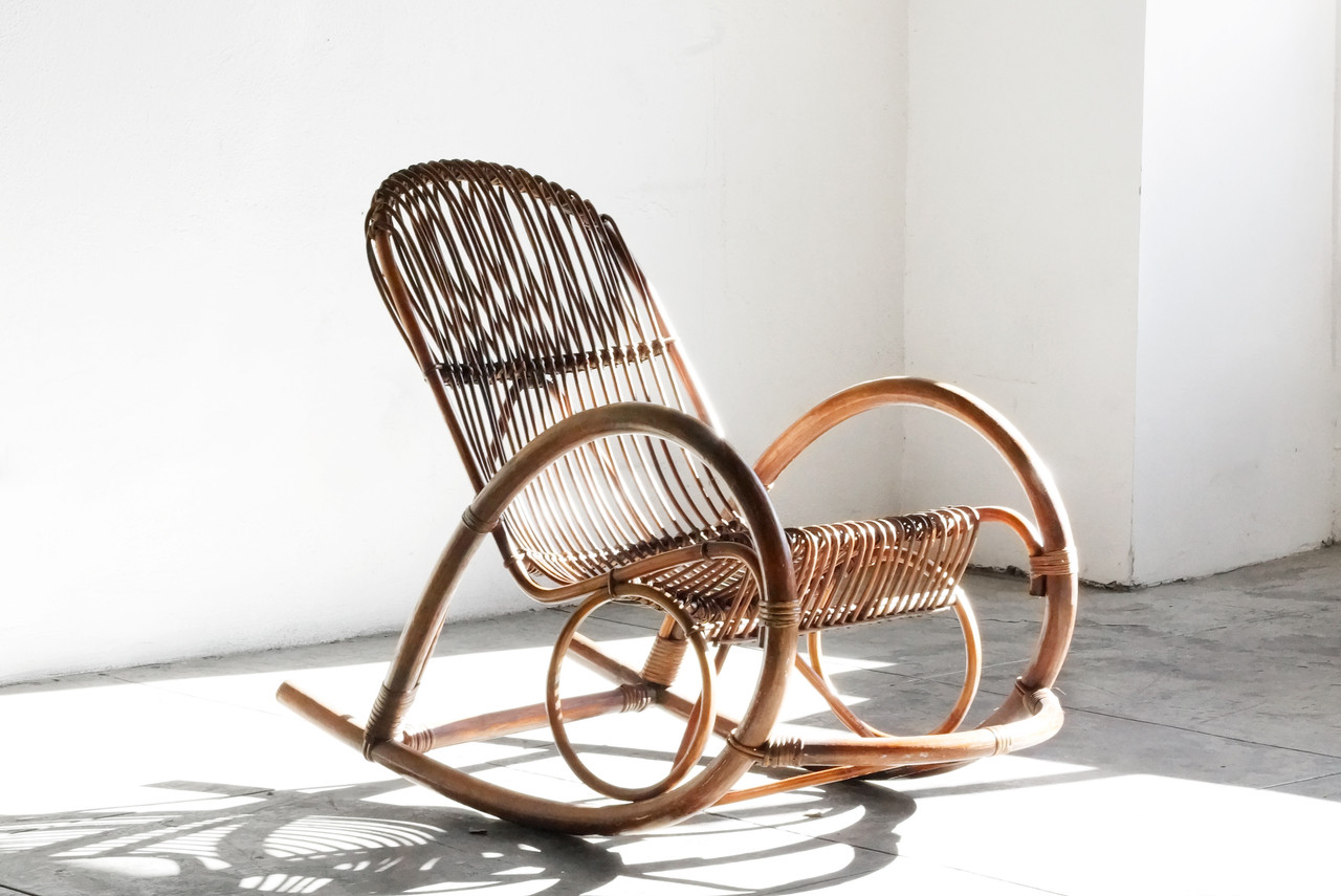 Sold Mid Century Modern Rattan Rocking Chair By Franco Albini Rehab Vintage Interiors
