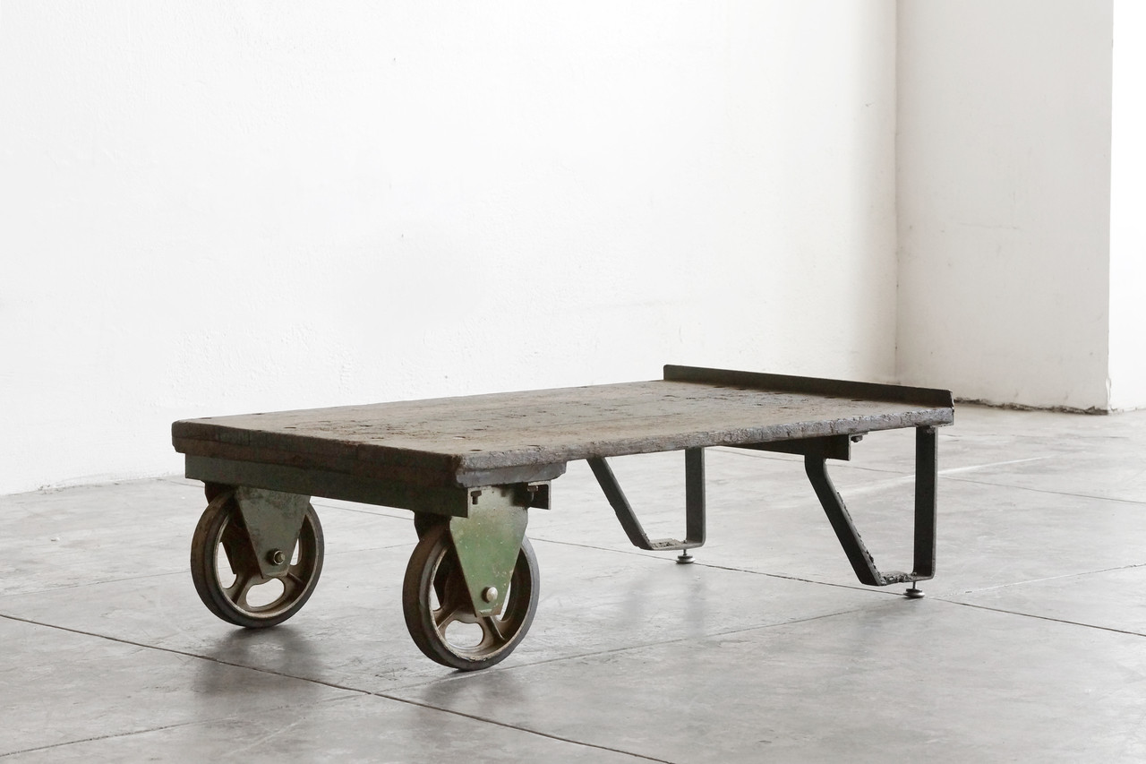Vintage Wood Plank and Metal Cart Coffee Table