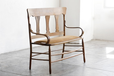 SOLD-Early American Wood Settee, Reupholstered