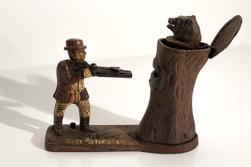 SOLD - Teddy and the Bear Cast Iron Bank, 1898